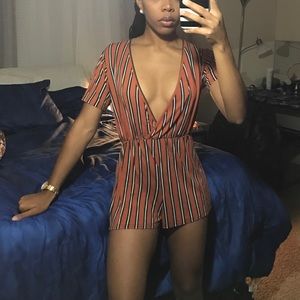 Boohoo orange white and black romper